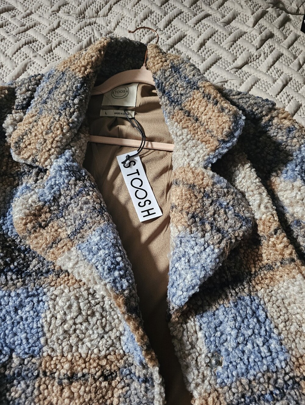 Stoosh Colorblock Full Length Teddy Coat in Blue and Tan Large